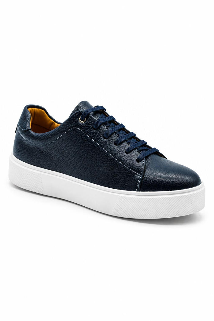 Men’s Navy Grain-Effect Faux Leather Lace-Up Trainers