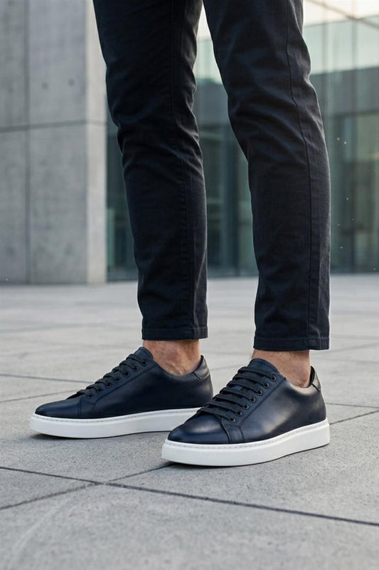 Men's Navy Real Leather Lace-Up Trainers White Sole