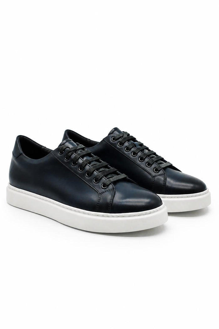 Men's Navy Real Leather Lace-Up Trainers White Sole