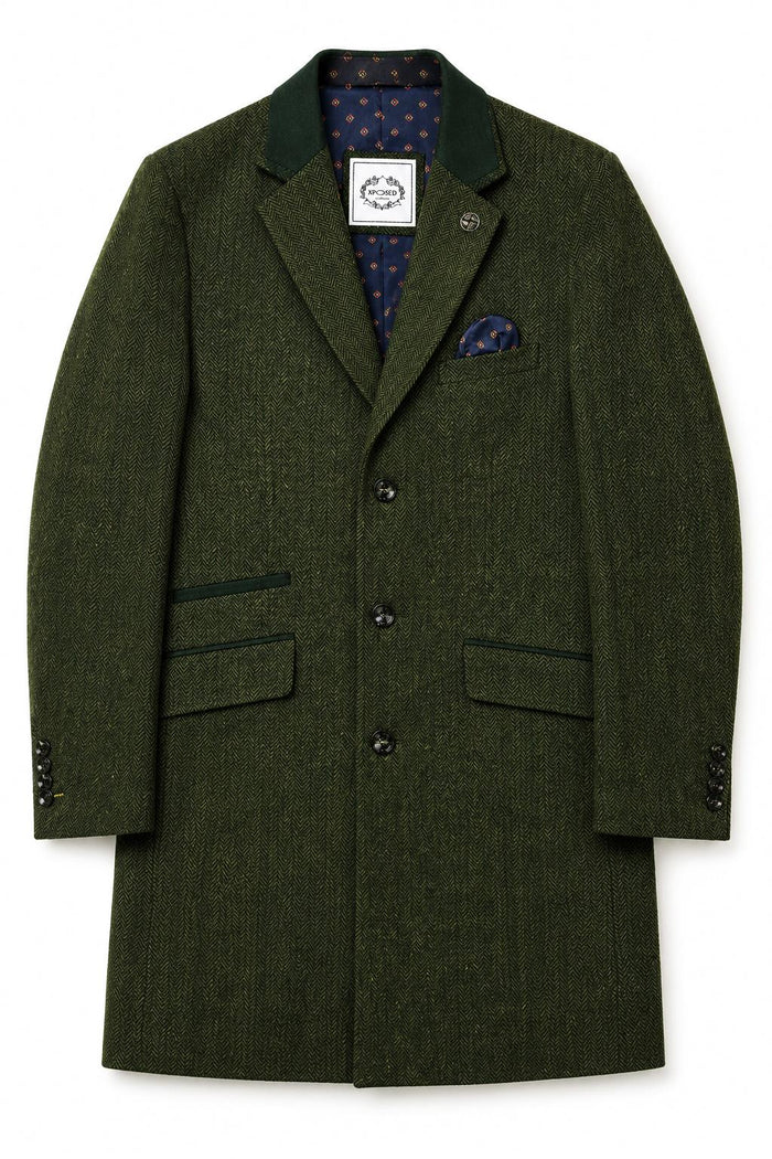 Men's Olive Green Herringbone Wool Blend Tailored Fit Overcoat
