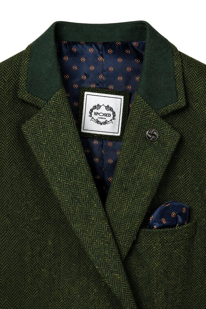 Men's Olive Green Herringbone Wool Blend Tailored Fit Overcoat