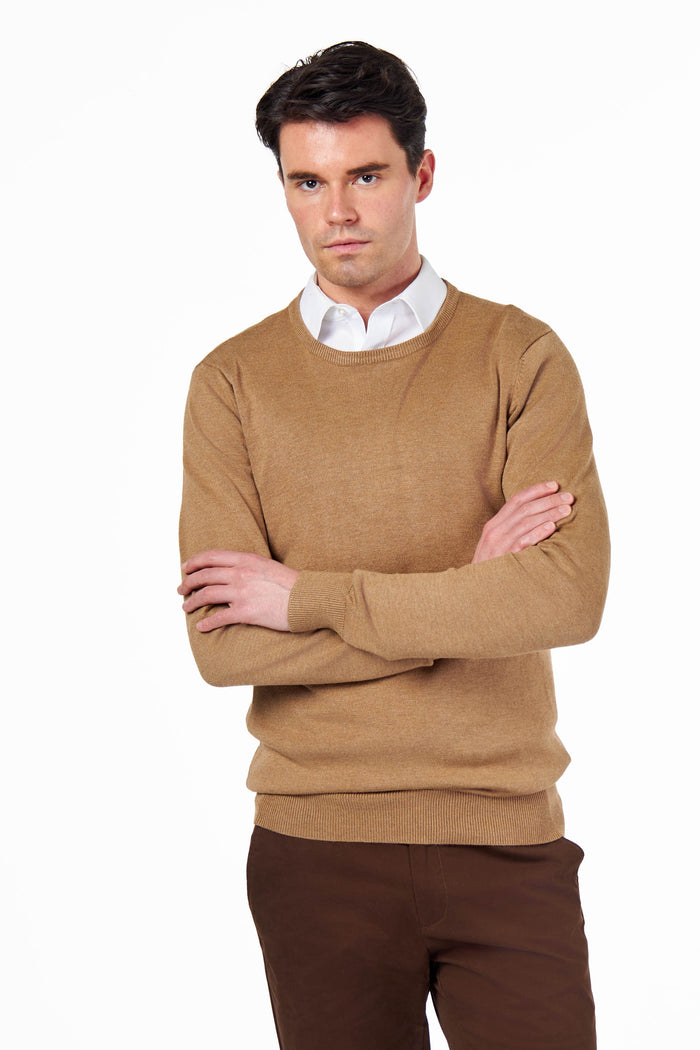 MEN’S PURE COTTON CAMEL CREW NECK JUMPER
