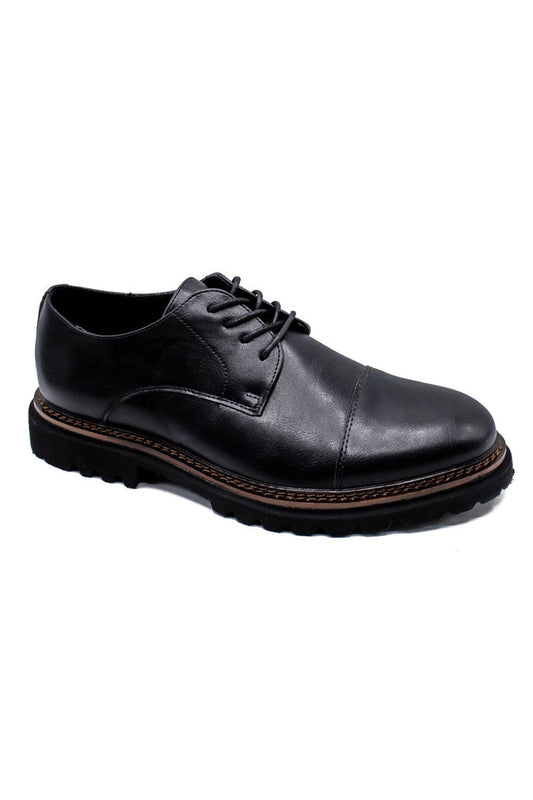 Men’s Round Toe Cap Derby Shoes, Rugged Sole - Black