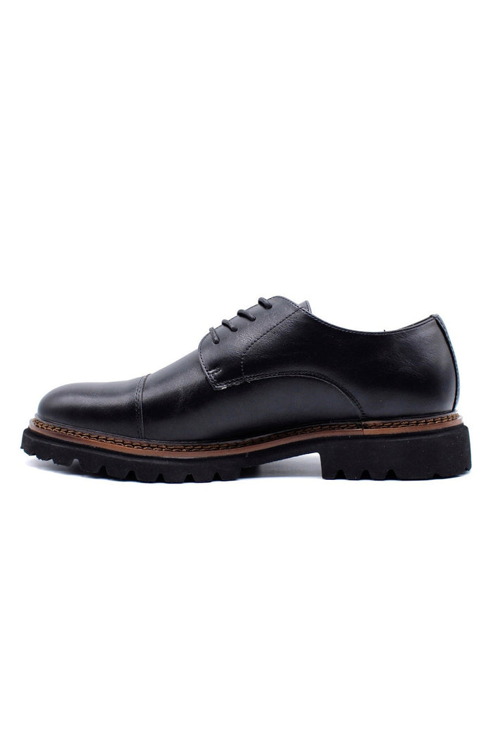 Men’s Round Toe Cap Derby Shoes, Rugged Sole - Black