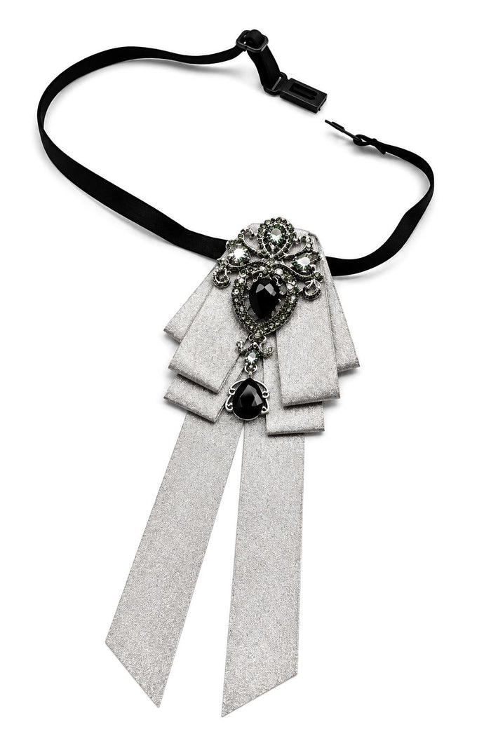 Men’s Silver Jewelled Short Ribbon Wedding Brooch Bow Tie