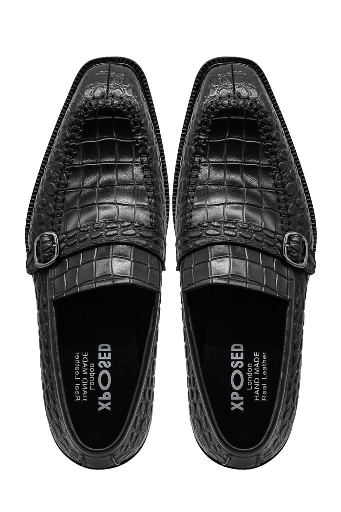 Men’s Slip-on Loafers Black Croco Embossed Leather
