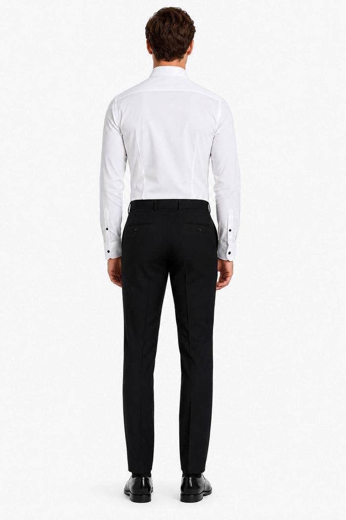 Men's White Pleated Front Tuxedo Shirt with Black Buttons & Pocket Square
