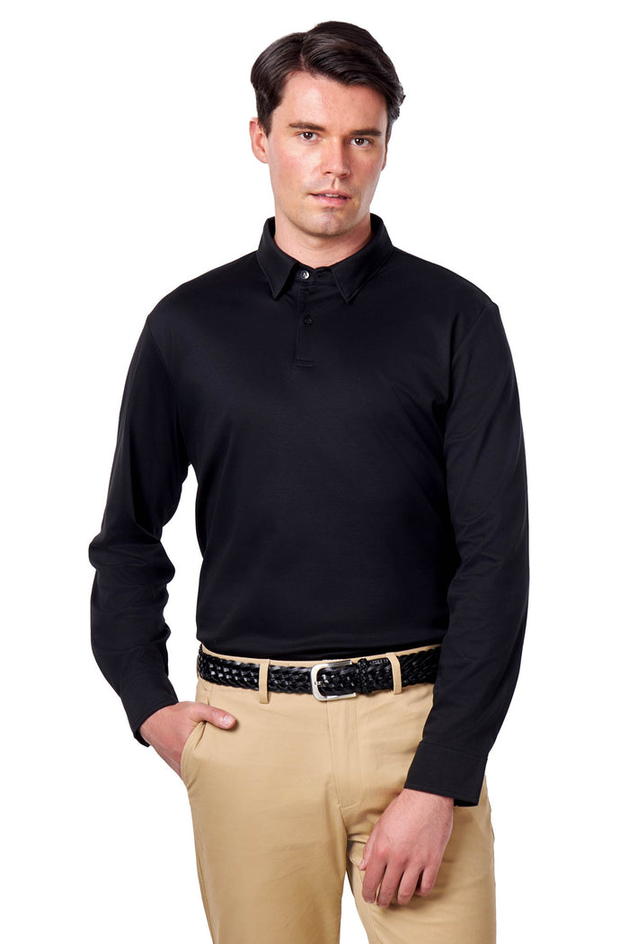 Mercerised Cotton Black Polo Shirt Long Sleeve