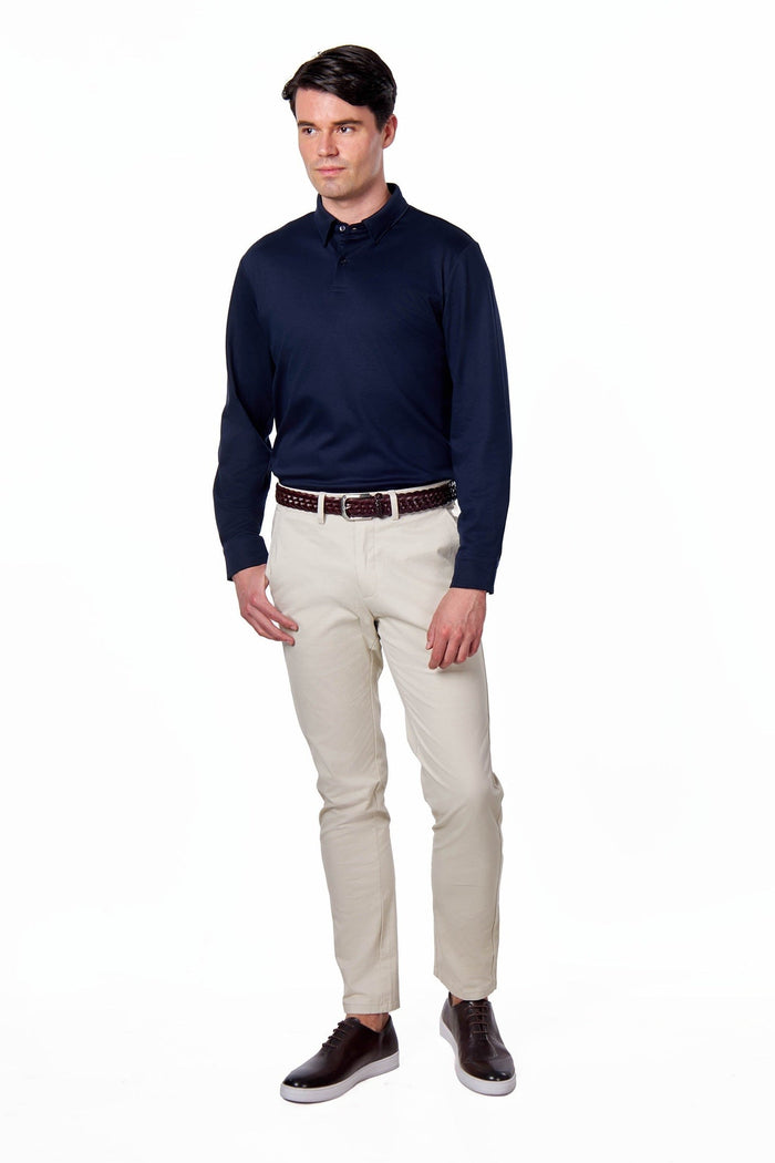 Mercerised Cotton Navy Polo Shirt Long Sleeve