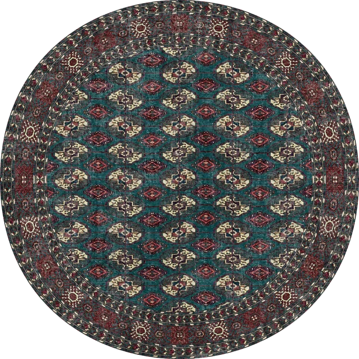 The Midnight Tribal - Washable Rug (JRN1034) is a round rug with intricate geometric diamond patterns in red, teal, and cream, featuring a detailed border and traditional design—perfect for high-traffic areas.
