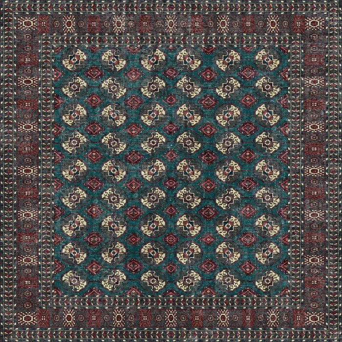 The Midnight Tribal - Washable Rug - JRN1034 is a rectangular Persian-style rug with a teal background, showcasing red, cream, and black geometric floral patterns and ornate borders—ideal for high-traffic areas.
