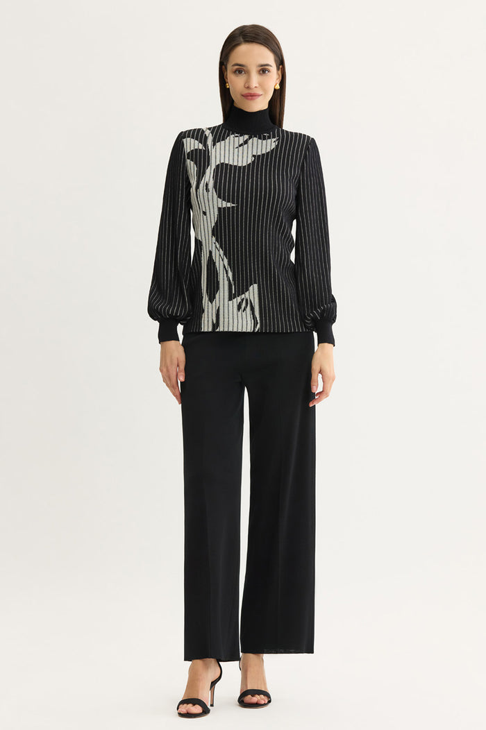Mock Neck Floral Soft Ribbed Knit Top, Black/Ivory | Ming Wang
