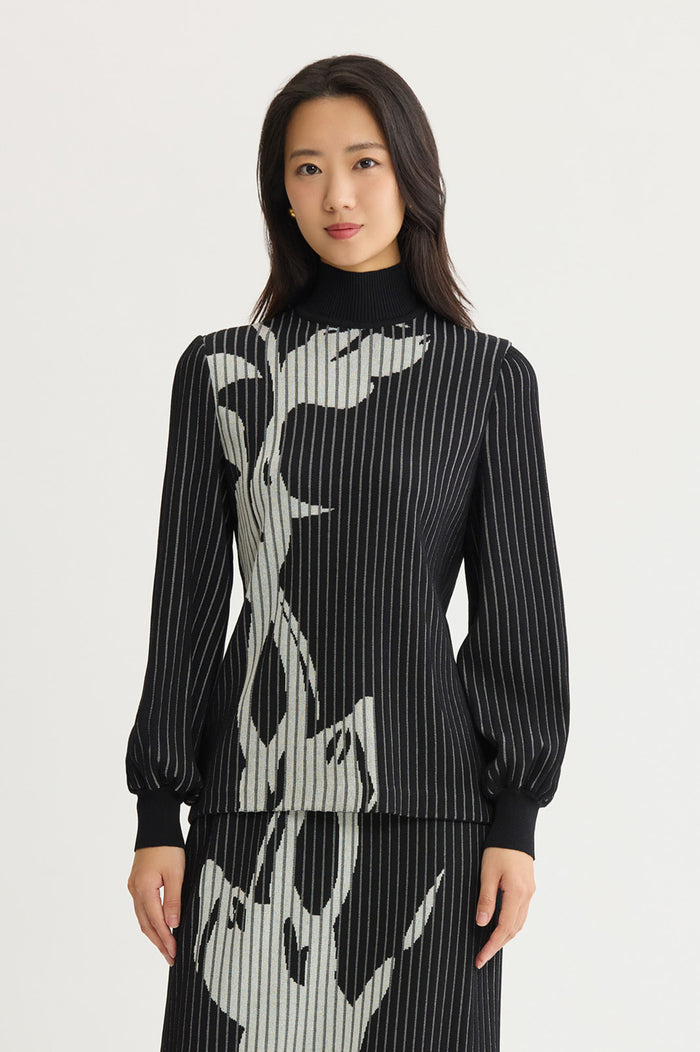 Mock Neck Floral Soft Ribbed Knit Top, Black/Ivory | Ming Wang