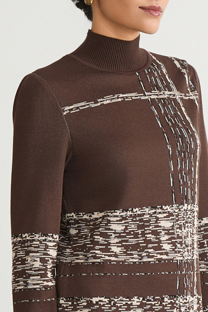 Mock Neck Jacquard Soft Knit Tunic, Dark Umber/Twig/Black/Ivory | Ming Wang