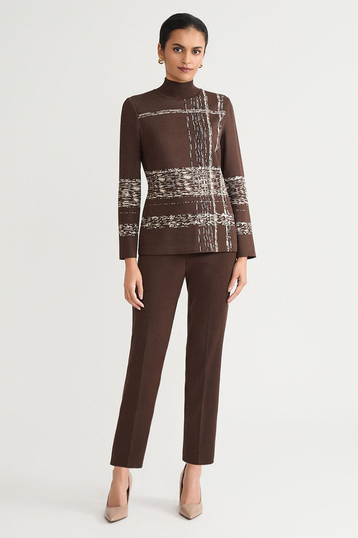 Mock Neck Jacquard Soft Knit Tunic, Dark Umber/Twig/Black/Ivory | Ming Wang