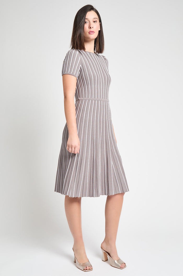 Modern Fit Jewel Neck Striped Flare Soft Knit Dress, Mink/White | Ming Wang