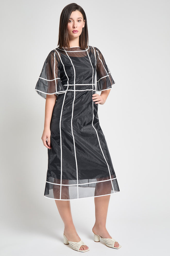 Modern Fit-N-Flare Midi Dress - Contrast Stripe Organza, Black/White | Ming Wang