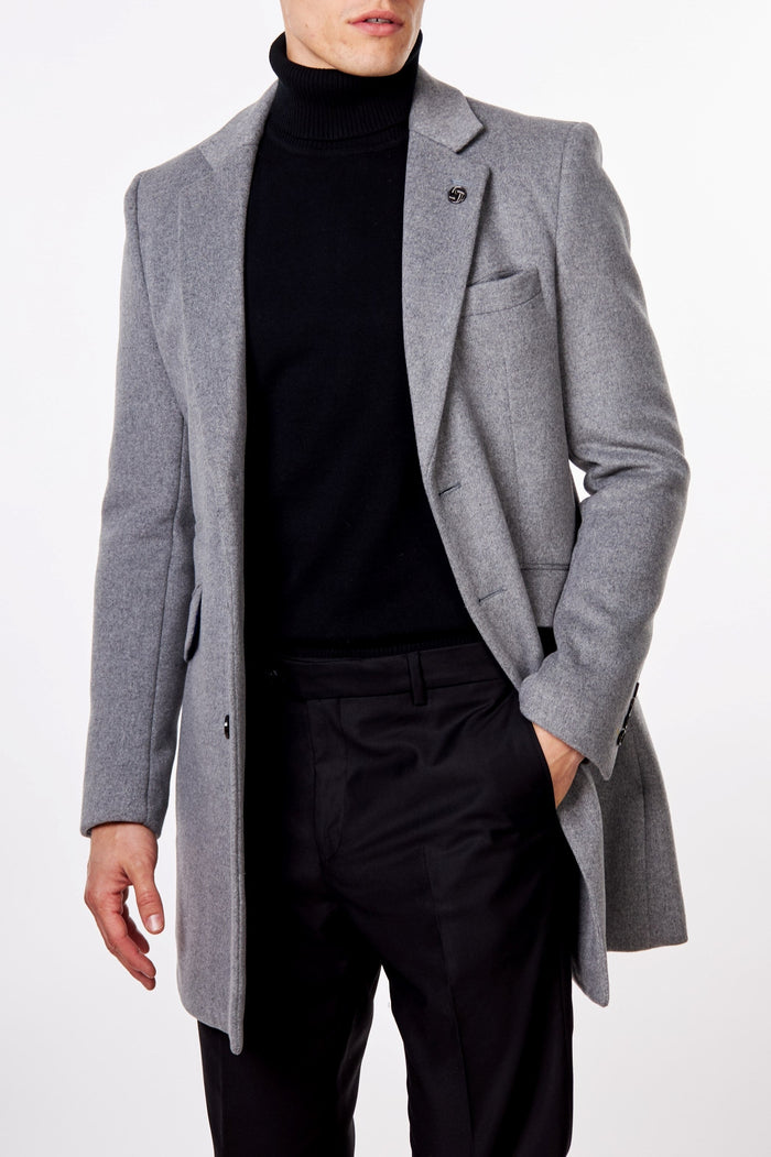 NATE - GREY LONG WOOL BLEND OVERCOAT