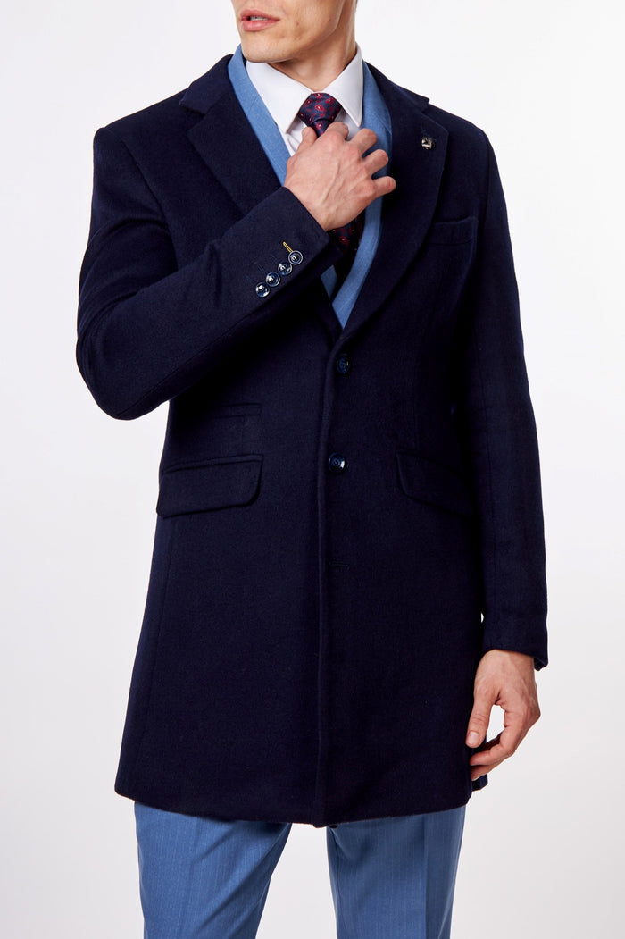 NATE - NAVY LONG WOOL BLEND OVERCOAT