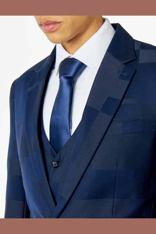 NAVY BLUE GEO PATTERN DETAILED SUIT JACKET