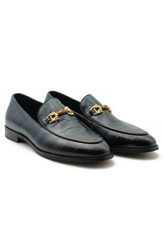 NAVY PRINTED GOLD BUCKLE LOAFERS