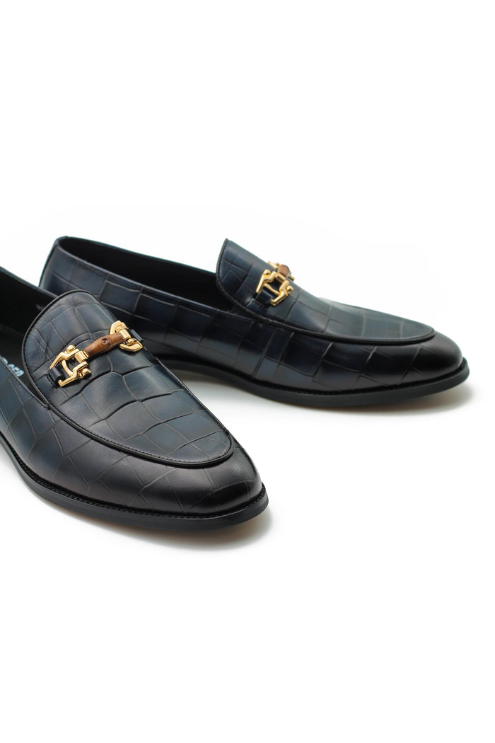 NAVY PRINTED GOLD BUCKLE LOAFERS