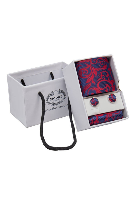NAVY RED FLORAL PAISLEY NECK TIE SET