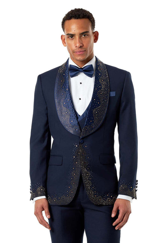 Navy Rhinestone Shawl Lapel Tuxedo 3-Piece Wedding Suit