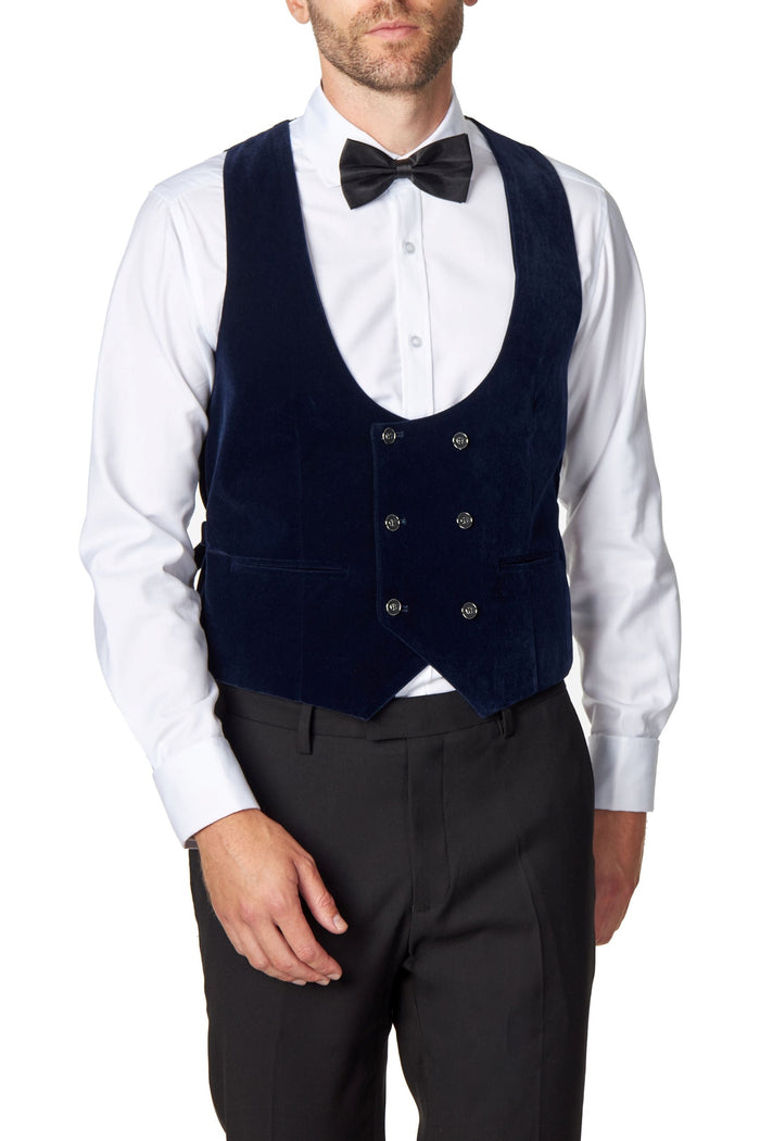 NAVY VELVET DOUBLE BREASTED LOW U CUT WAISTCOAT