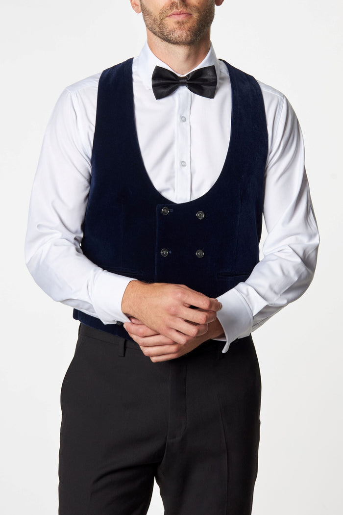 NAVY VELVET DOUBLE BREASTED LOW U CUT WAISTCOAT