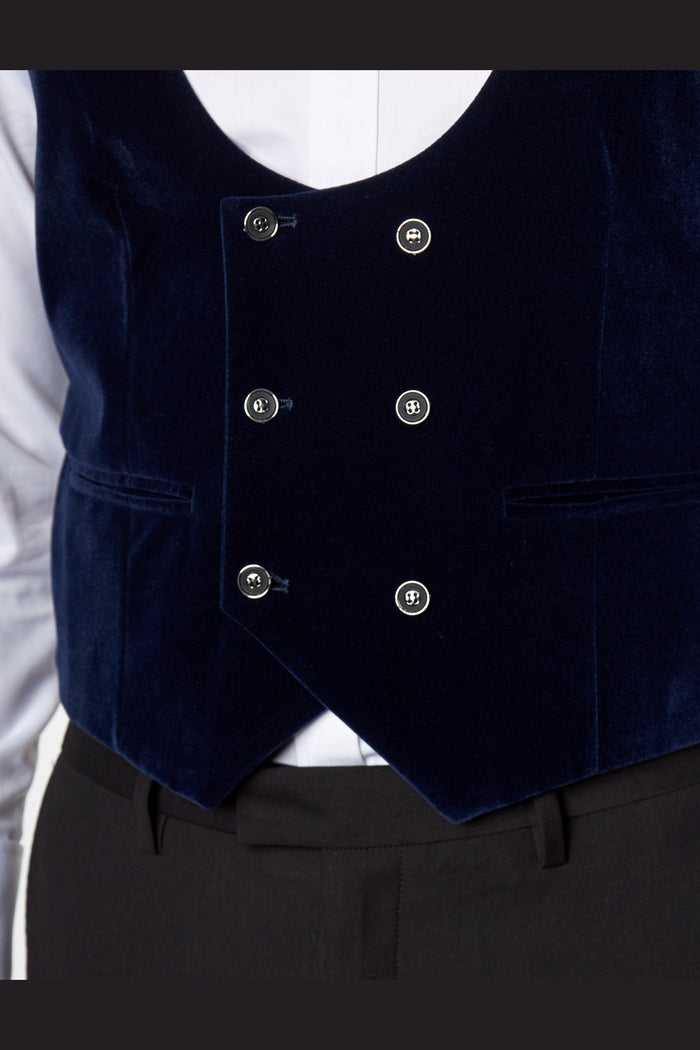 NAVY VELVET DOUBLE BREASTED LOW U CUT WAISTCOAT