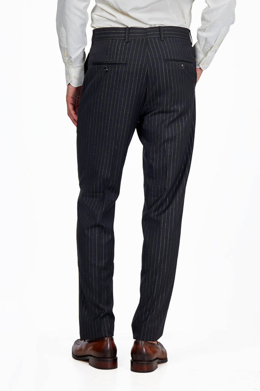 NEIL – Mens Black Gold Pinstripe Suit Trousers Tapered Fit