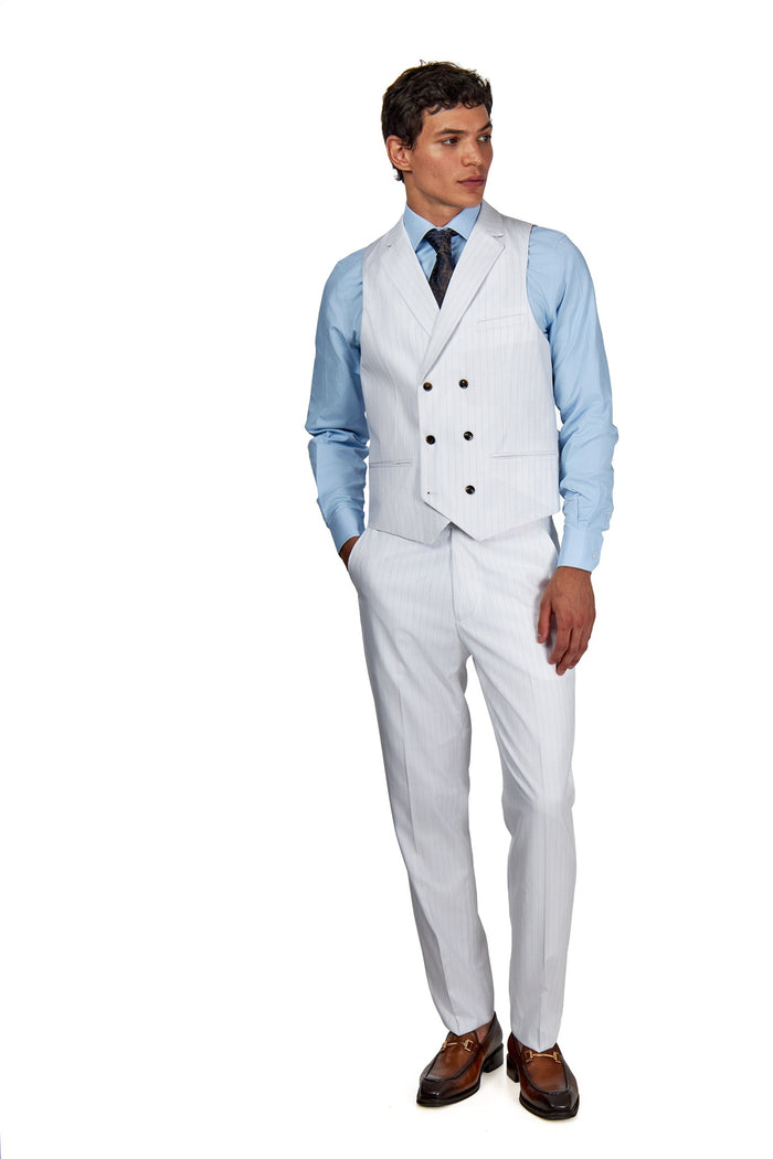 NEIL – Mens Double Breasted Wedding Waistcoat White Gold Pinstripes