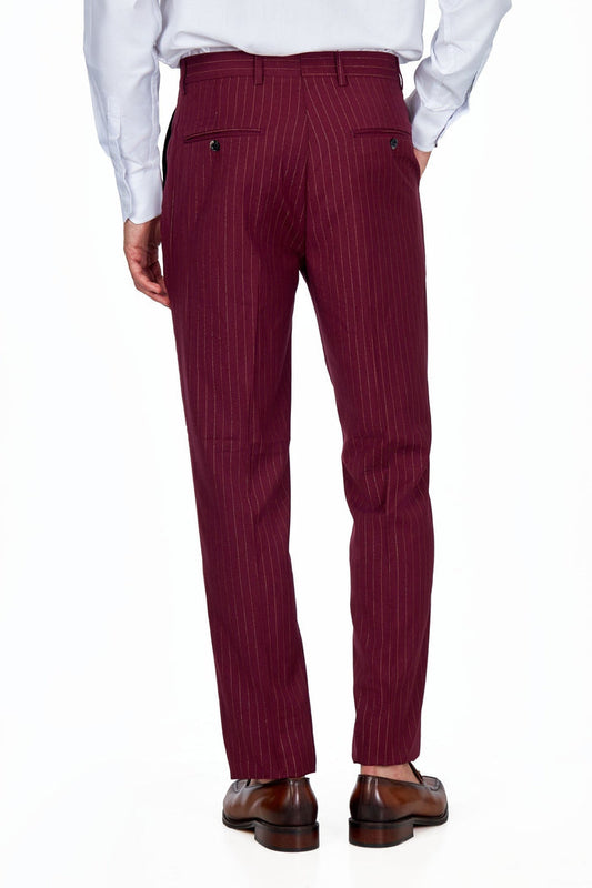 NEIL – Men's Maroon Gold Pinstripe Suit Trousers Tapered Fit