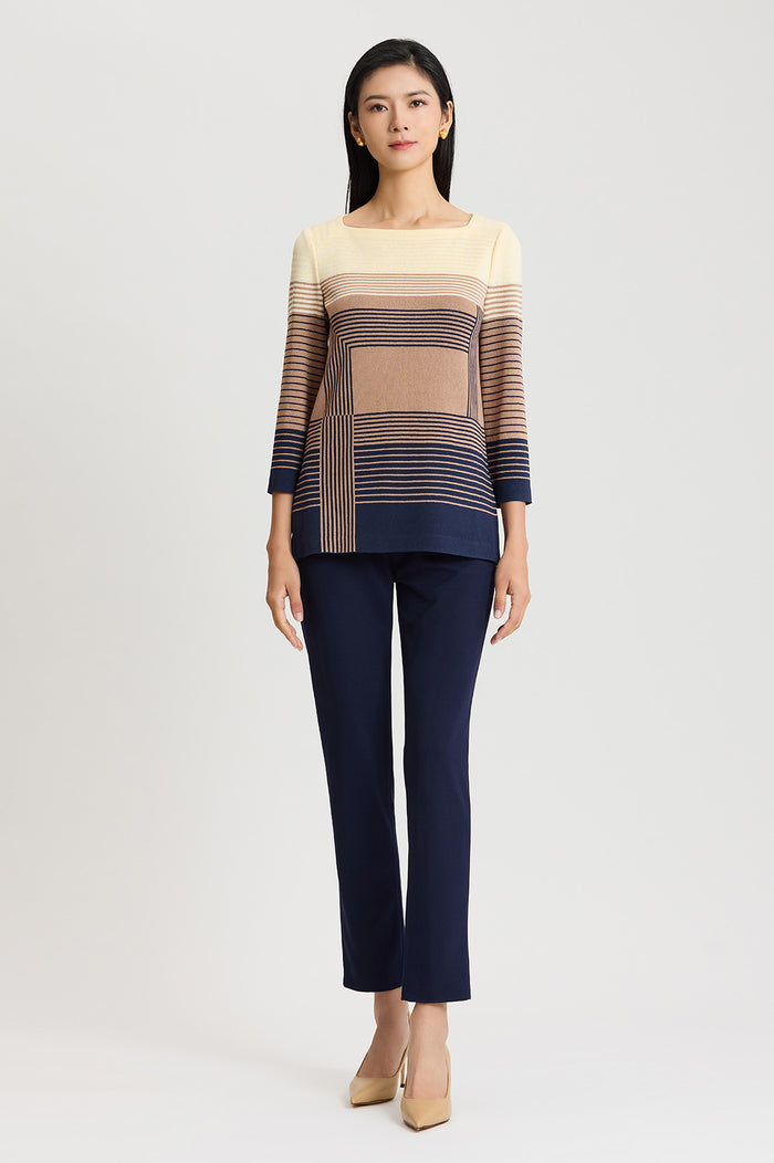Ombre Stripe Soft Knit Tunic, Indigo/Warm Taupe/French Almond | Ming Wang