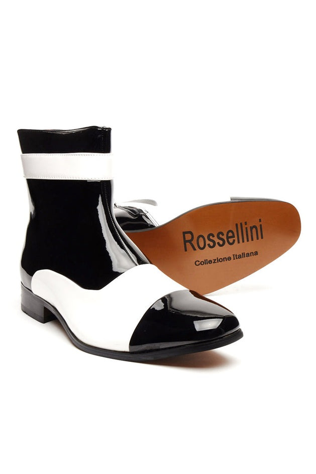 PATENT BLACK & WHITE ZIP GATSBY BOOTS