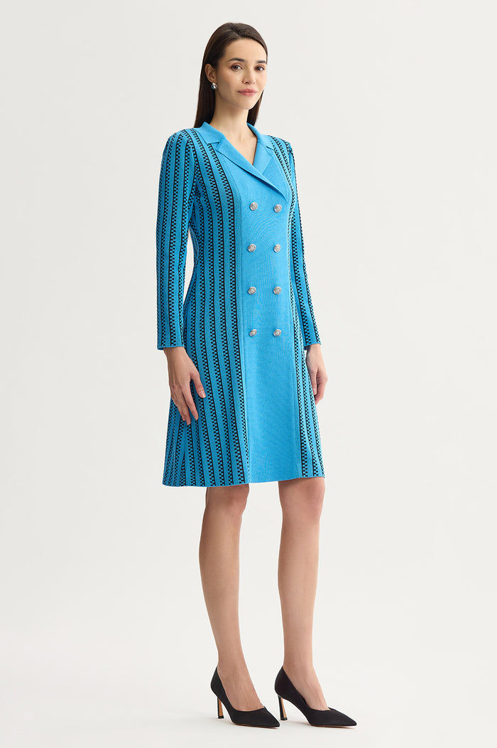 Petite A-Line Faux Double Breasted Knit Dress, Tranquil Blue/Black | Ming Wang