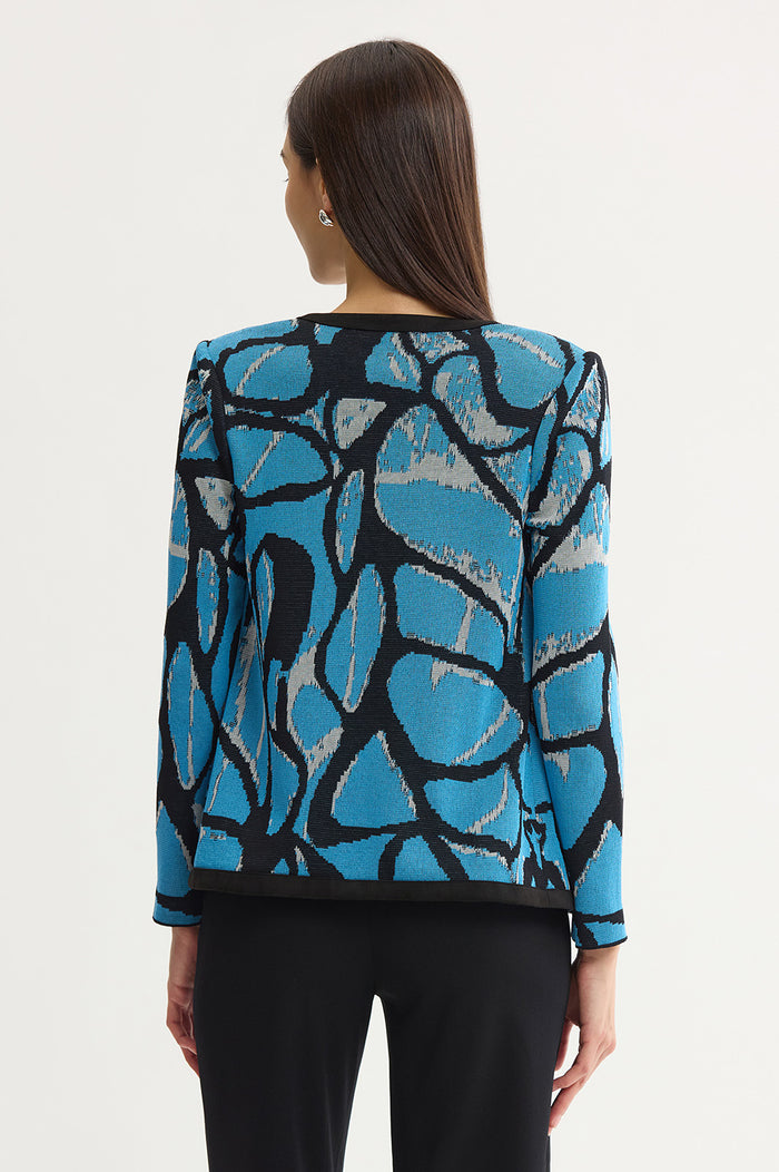 Petite Abstract Jacquard Suede Trim Knit Jacket, Tranquil Blue/Lunar Rock/Black | Ming Wang