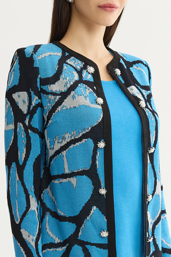 Petite Abstract Jacquard Suede Trim Knit Jacket, Tranquil Blue/Lunar Rock/Black | Ming Wang