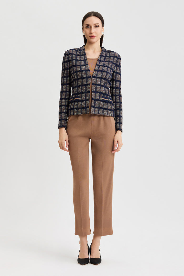 Petite Checkered Knit Jacket, Indigo/Warm Taupe/French Almond | Ming Wang