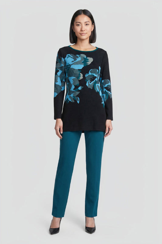 Petite Floral Jacquard Soft Knit Tunic, Deep Teal/Tranquil Blue/French Almond/Black | Ming Wang