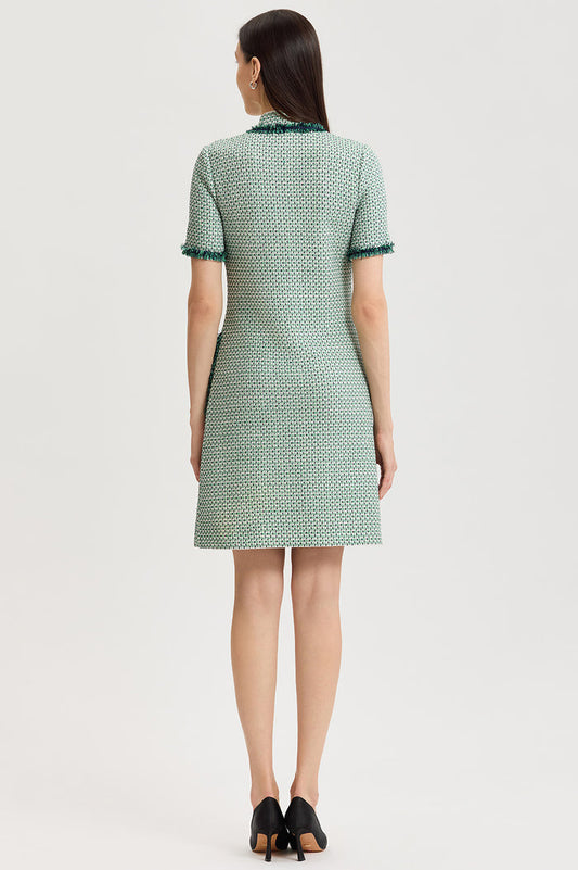 Petite Fringe Trim Jacquard Basketweave Knit Sheath Dress, Kelly Green/Indigo/Ivory | Ming Wang