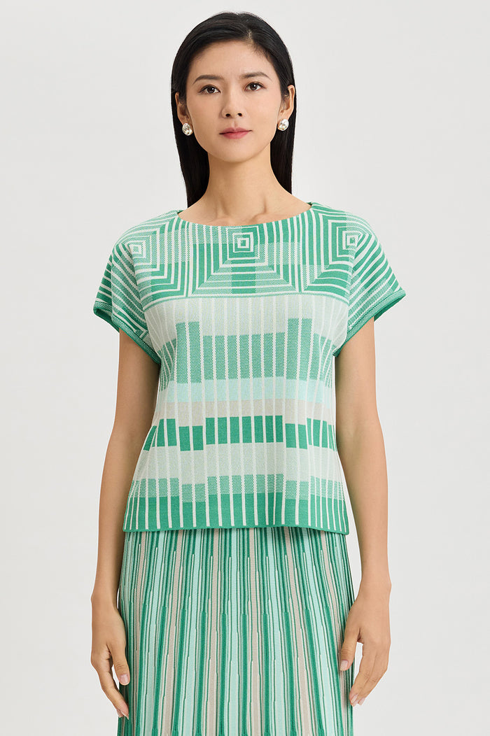 Petite Geometric Jacquard Soft Knit Top, Kelly Green/Eucalyptus/Limestone/Ivory | Ming Wang