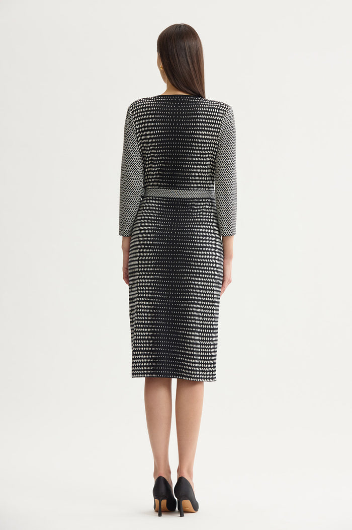 Petite Monochrome Soft Knit Midi Wrap Dress, Black/Ivory | Ming Wang