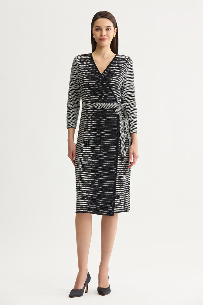 Petite Monochrome Soft Knit Midi Wrap Dress, Black/Ivory | Ming Wang