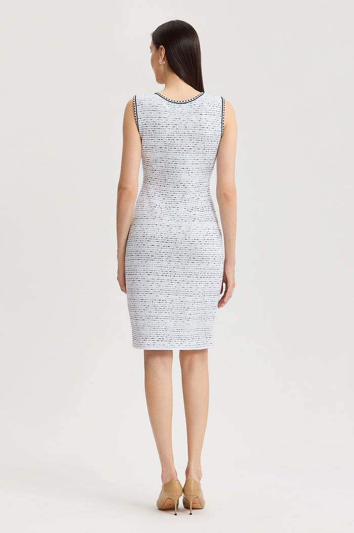 Petite Soft Knit Knee-Length Sheath Dress, White/Indigo | Ming Wang