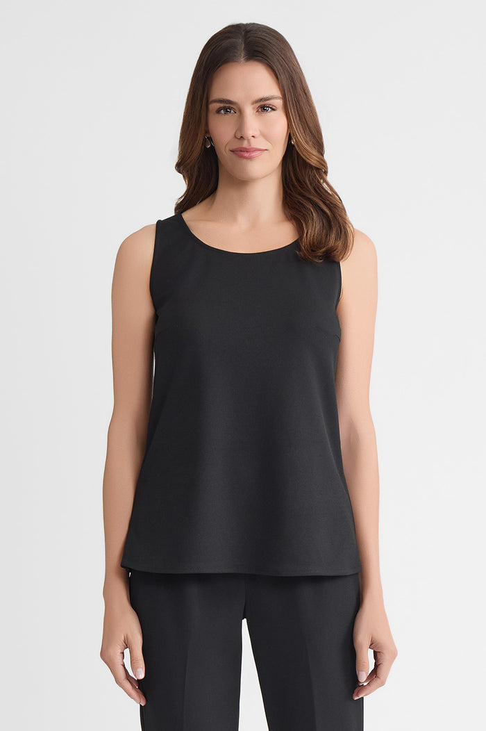 Petite Stretch Deco Crepe Scoop Neck Tank, Black, Black | Ming Wang