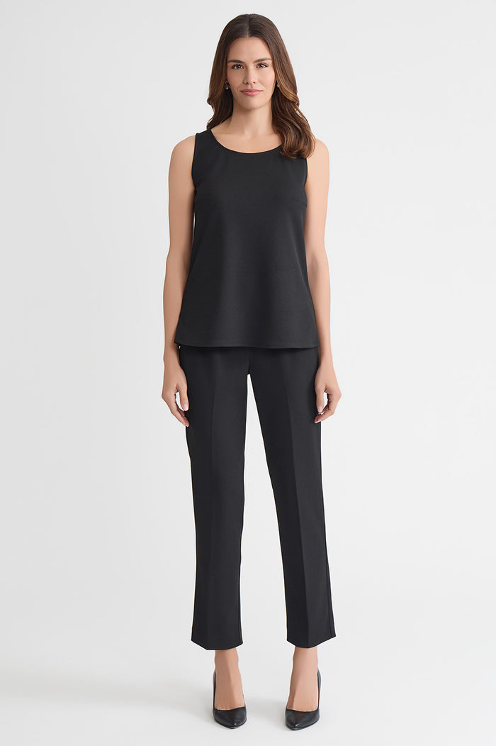 Petite Stretch Deco Crepe Scoop Neck Tank, Black, Black | Ming Wang