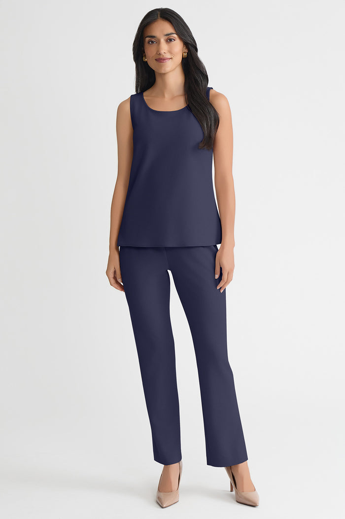 Petite Stretch Deco Crepe Scoop Neck Tank, Indigo, Indigo | Ming Wang
