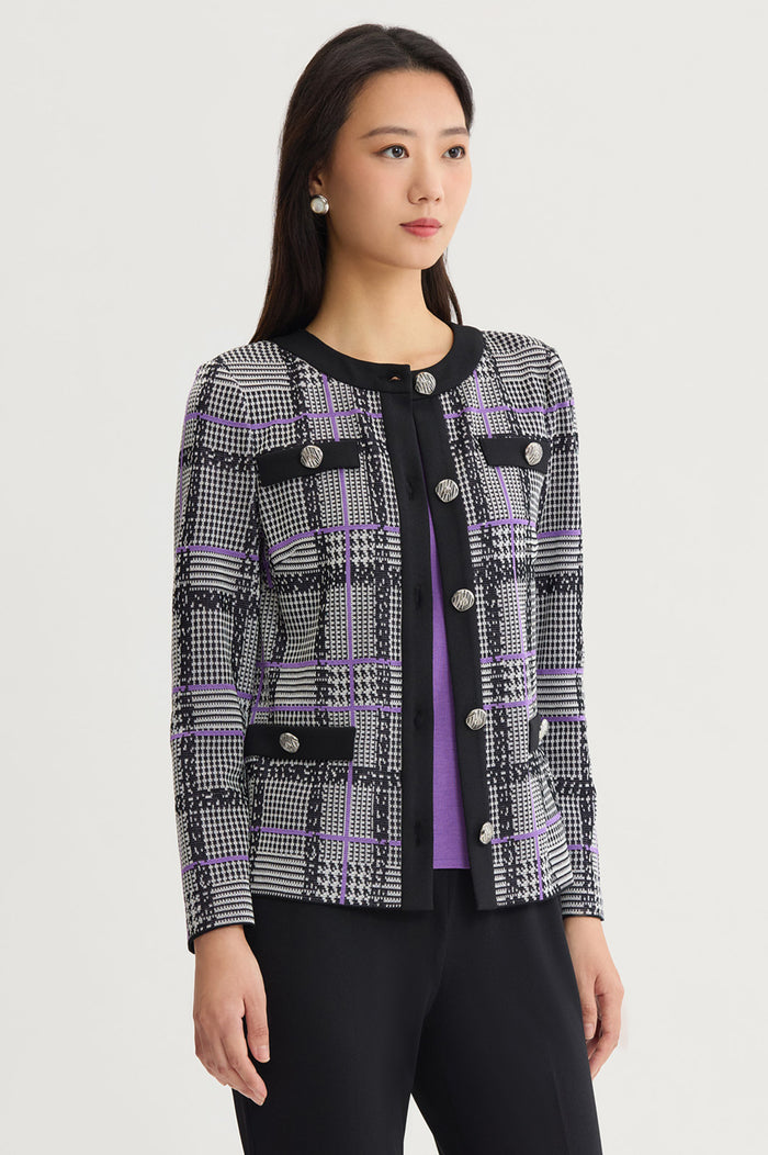 Plaid Tweed Knit Jacket, Black/Ivory/Sunset Purple | Ming Wang